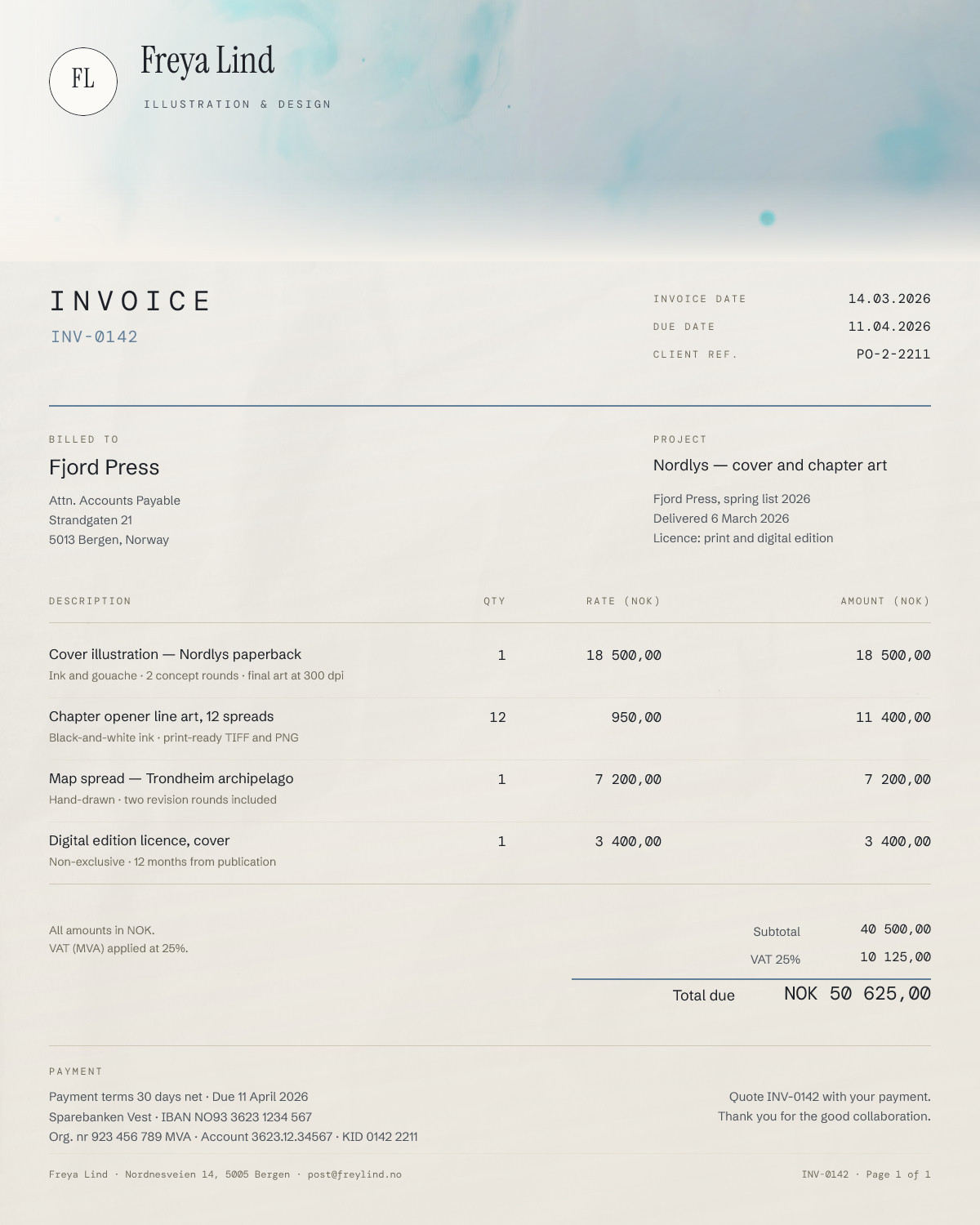 Freya Lind Studio Invoice