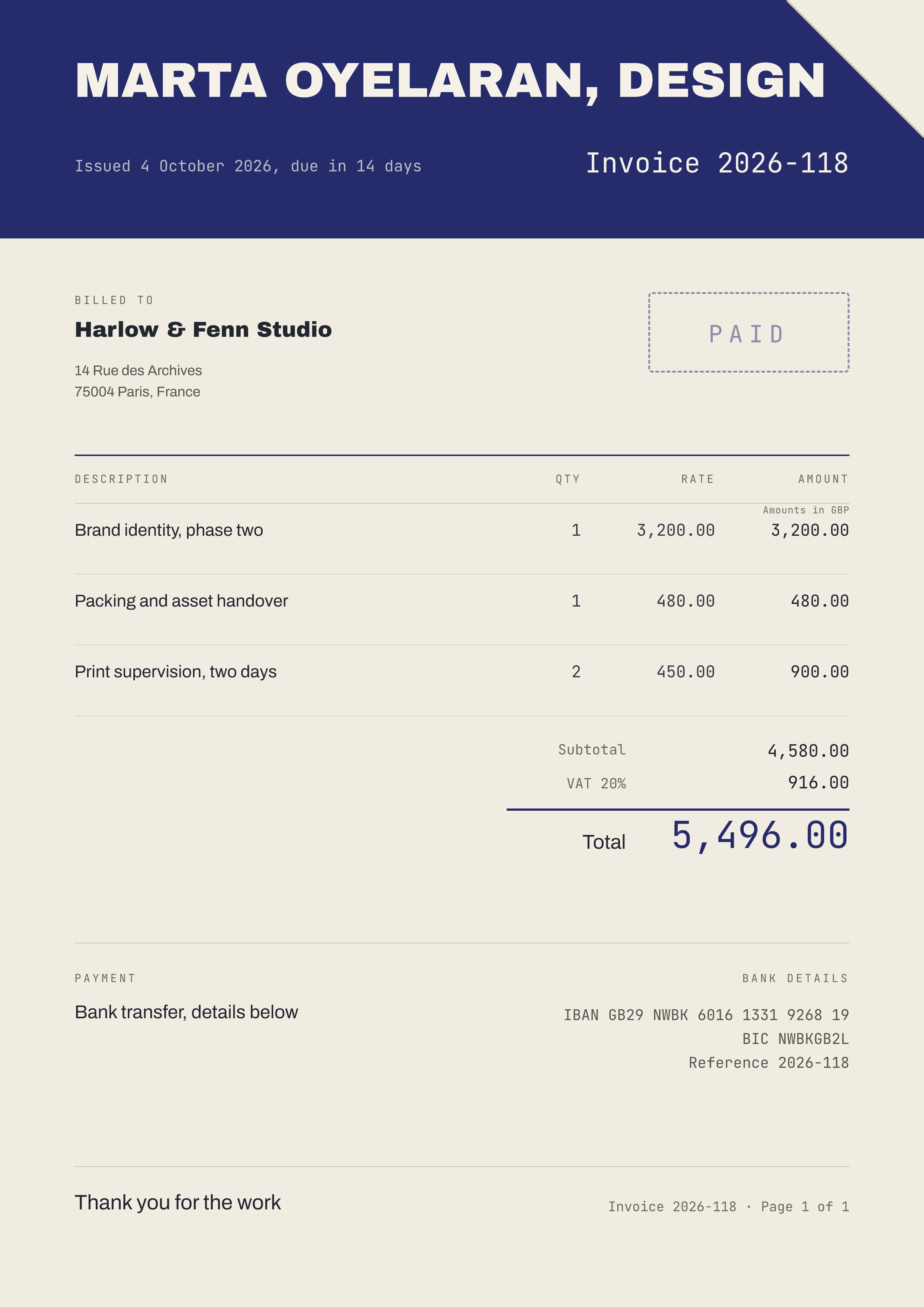 Freelance Design Invoice