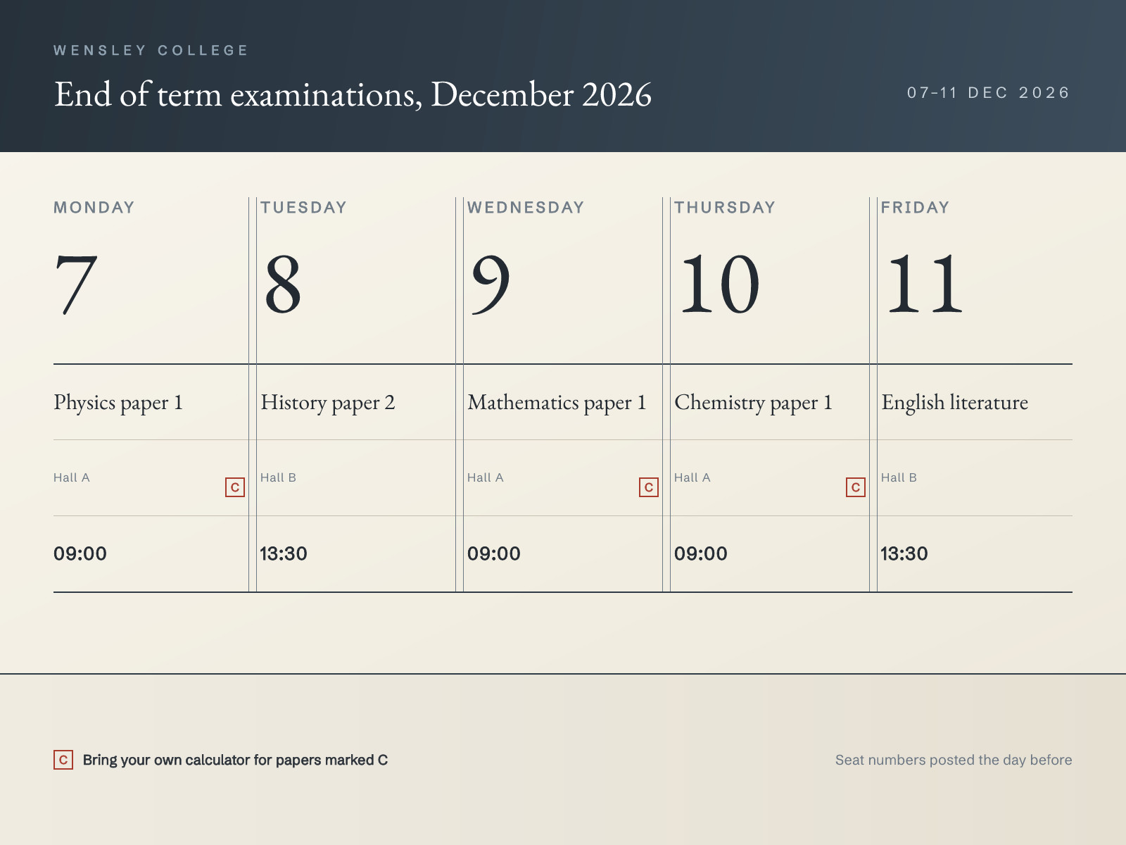 Examination Timetable Grid