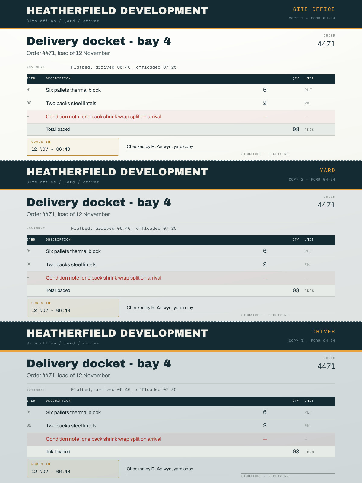 Materials Delivery Docket