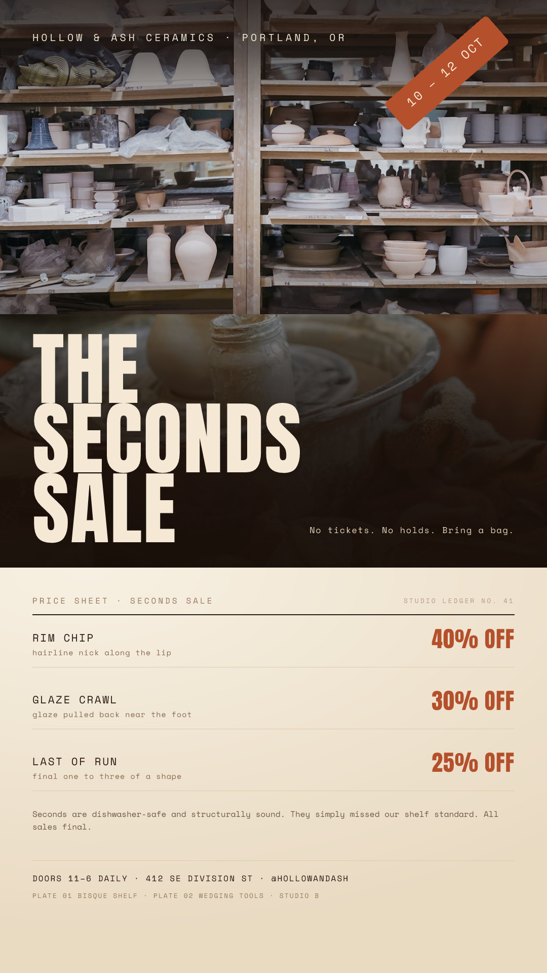 Hollow & Ash Kiln Seconds Price Sheet