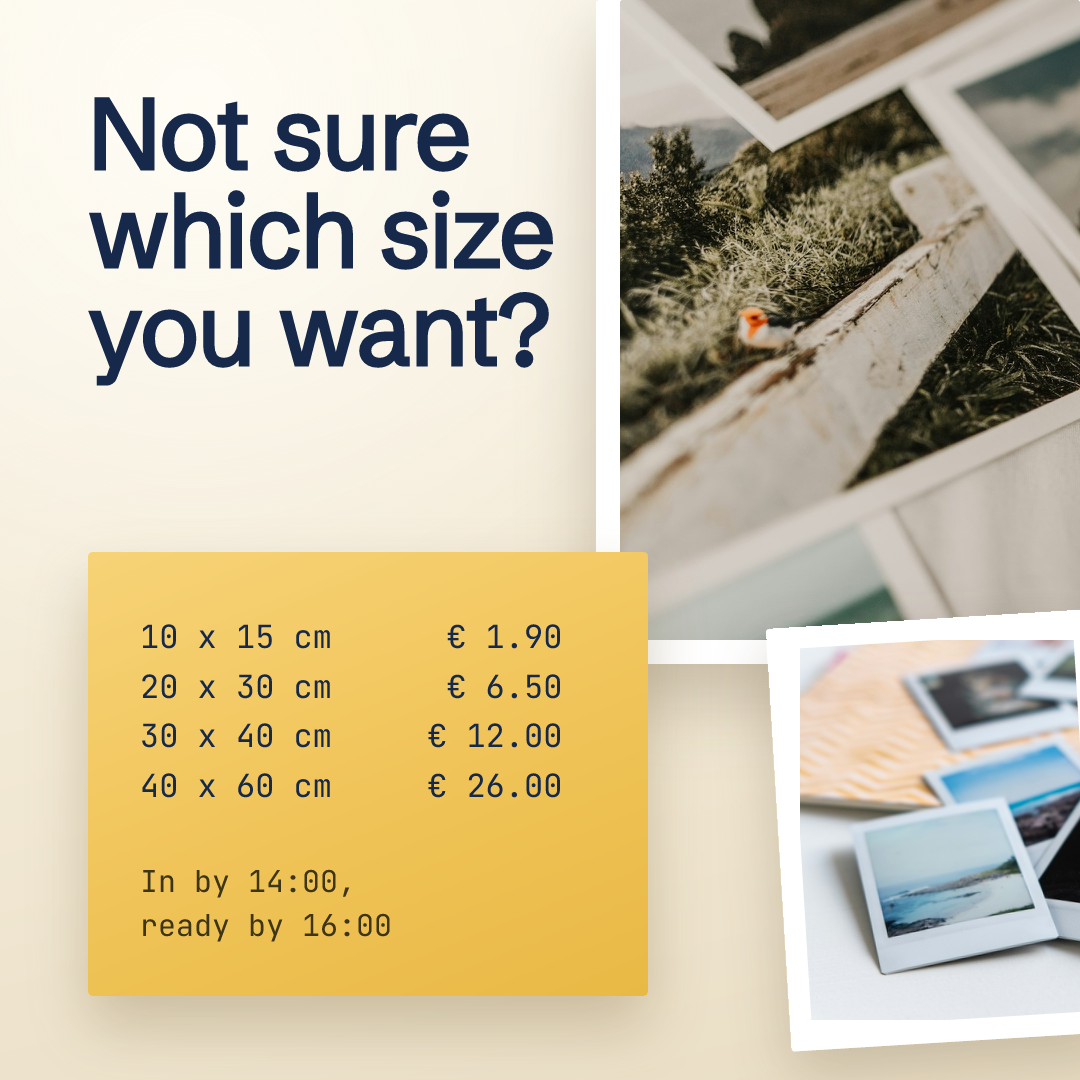 Photo Print Size and Price Card
