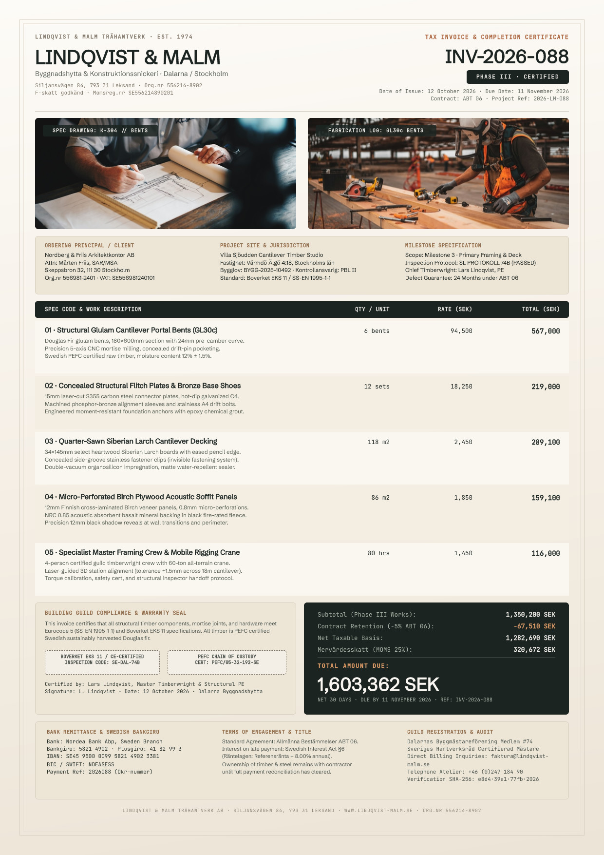 Lindqvist & Malm Architectural Timber Guild Commission Invoice