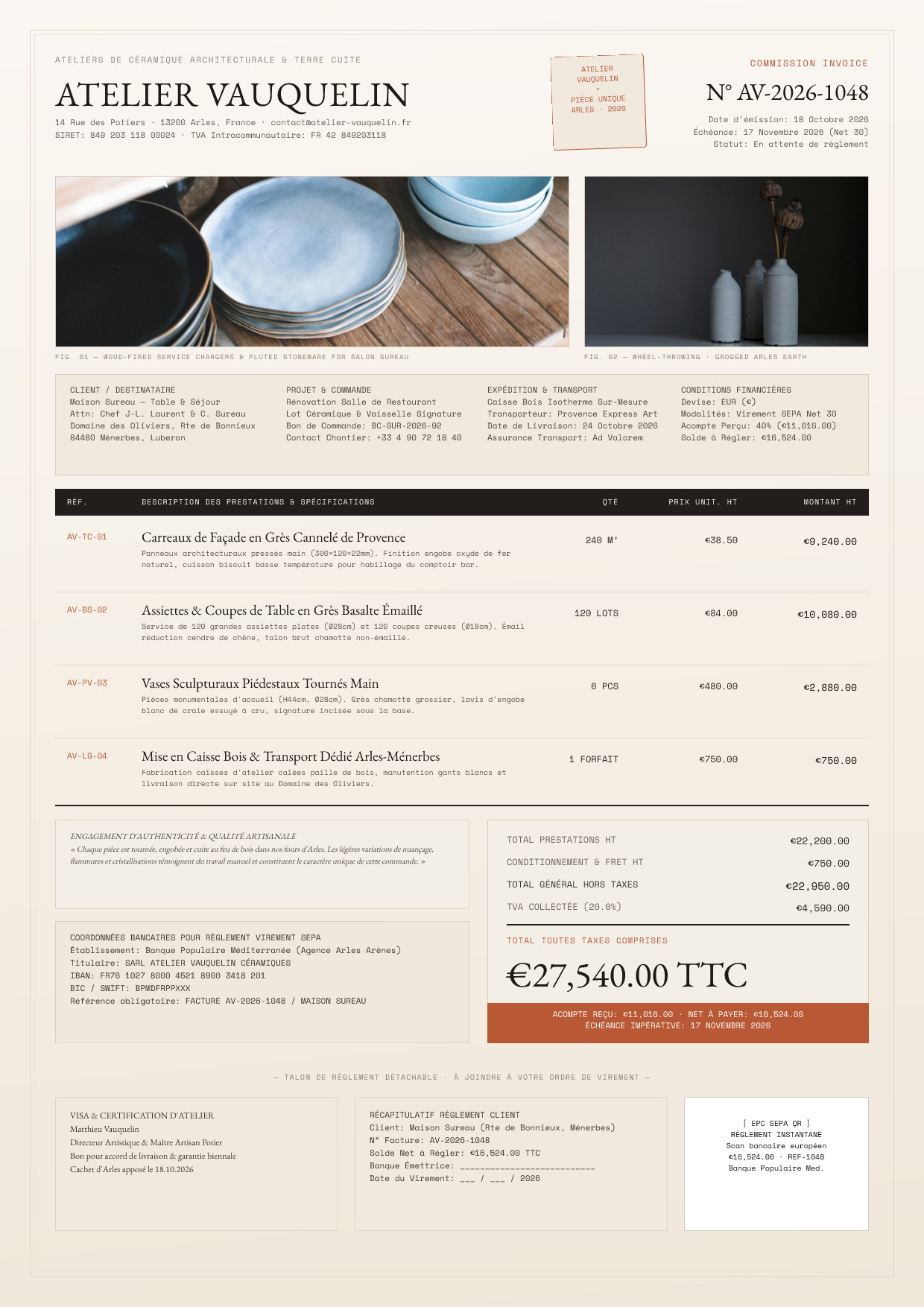 Atelier Vauquelin Architectural Ceramics Commission Invoice