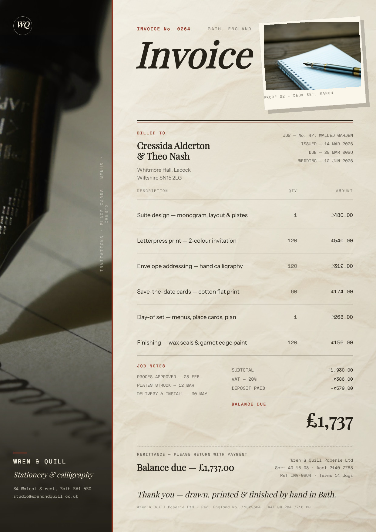 Wren & Quill Wedding Stationery Invoice